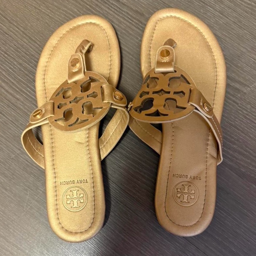 Tory Burch Gold Leather Logo Thong Sandals